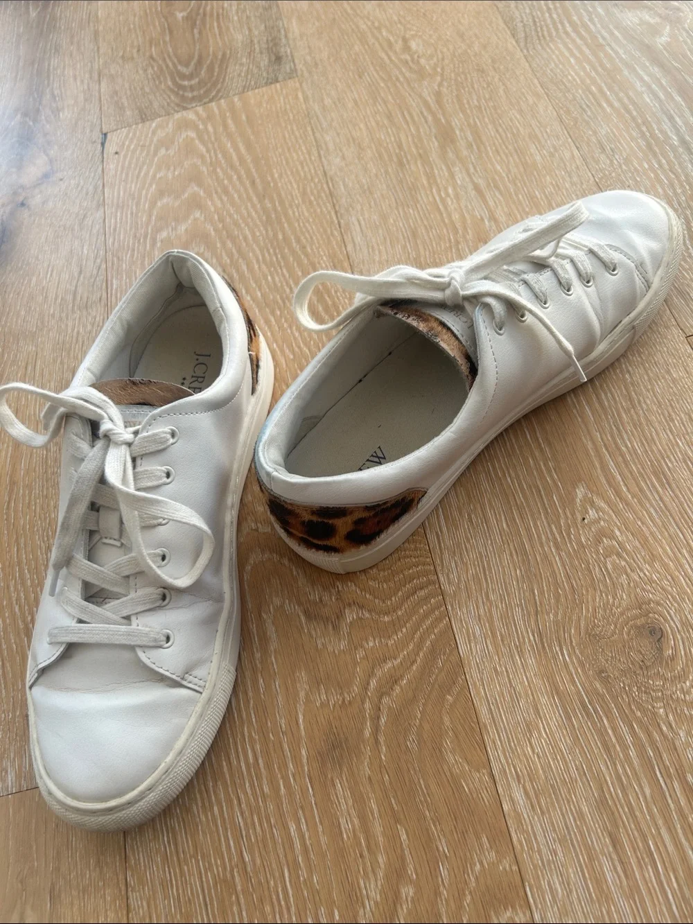 J. Crew Road Trip Leopard Calf Hair Low White Sneakers Size 9